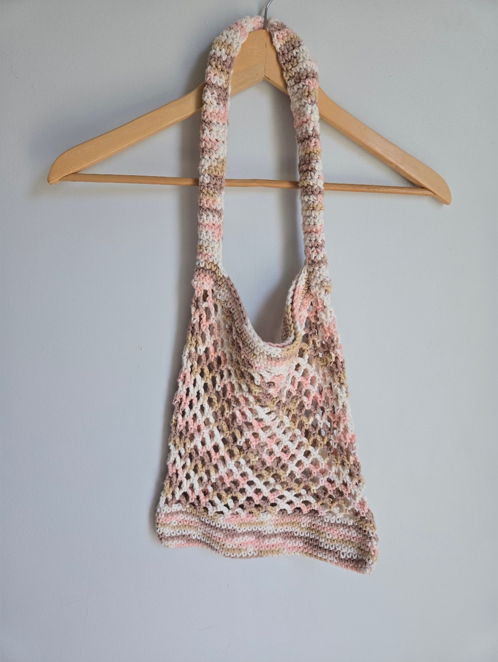 HANDMADE Pastel Crochet Little Market Tote Bag - Pink & Cream